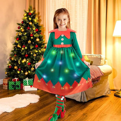 Meland Light Up Christmas Costumes for Girls with Elf Shoe Covers - Elf Outfit for Kids 4-12