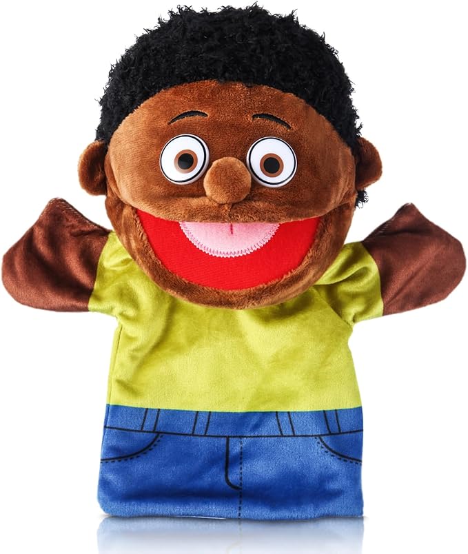 1 Pcs Family Hand Puppets 12 Inch Grandparents, Mom & Dad, Brother & Sister Plush Hand Puppet Toys Role-Play Toy Puppets for Kids Storytelling Imaginative Pretend Play Teaching Preschool(Black Bro)