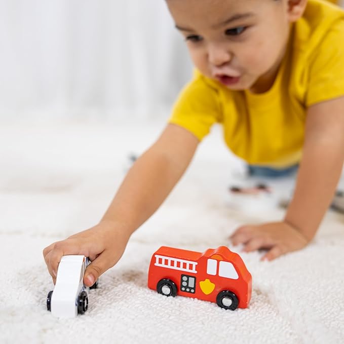 Melissa & Doug Wooden Town Vehicles Set in Wooden Tray (9 pcs)