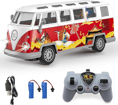 Remote Control Bus 2.4G Remote Control 1962 Volkswagen Classic Bus with Decals Retro Truck Model with Lights Sound Electric Vehicle Playsets Cars for Kids Toy