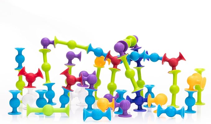 Fat Brain Toys Squigz Deluxe Set - 50-Piece Suction Construction Toys, Suction Bath Toys, Sensory Toys for Kids 3 and Up