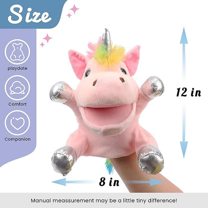 Hopearl Plush Unicorn Hand Puppet with Open Movable Mouth for Imaginative Play, Role Play, Interactive Toy for Storytelling Teaching Puppet Theater, Birthday Gifts for Kids Girls, Pink, 12''