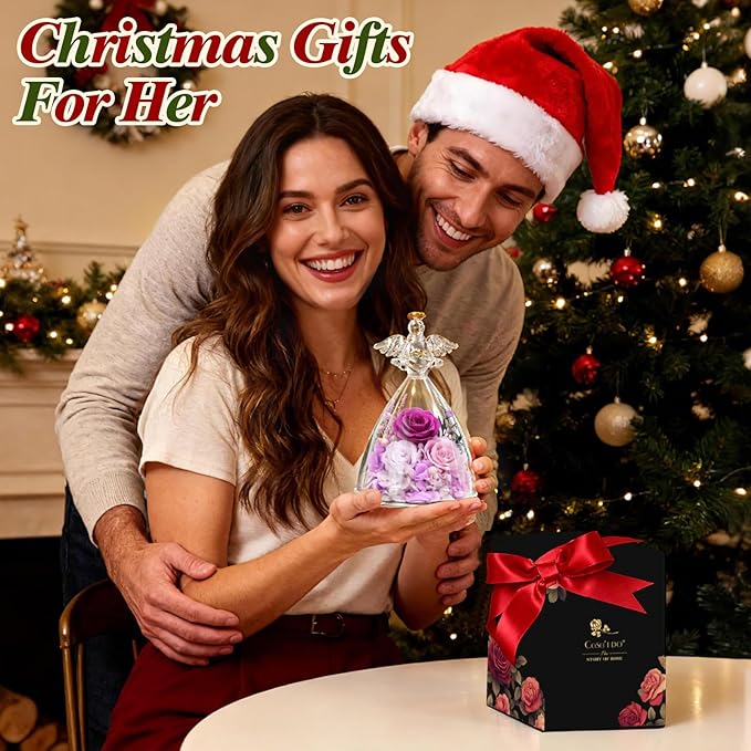 Valentines Rose Gifts for Women, 7" Purple Preserved Roses Flowers in Glass Angel Figurine, Birthday Gift for Mom Wife Grandma, Eternal Rose for Mothers Day Christmas Anniversary