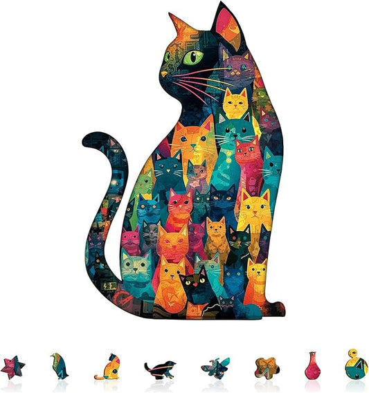 Mosaic Many Faces Sitting Black Cat Puzzles Adults Gifts Wooden 130 Pieces 12.3 * 7.8in