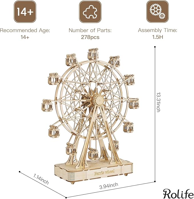 Rolife 3D Wooden Puzzle for Adults,Mechanical DIY Crafts Kits for Kids,Ferris Wheels Music Model Kits to Build,Brain Teaser Puzzles for Boys and Girls
