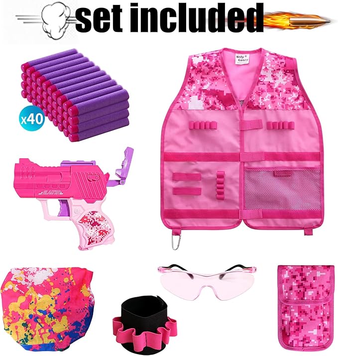 Girls Tactical Vest Kit with Blaster - Kids Pink Tactical Vest Compatible with Nerf Rebelle N-Strike Purple Darts Googles for Girl