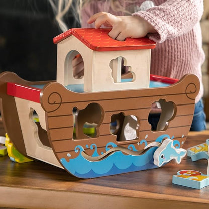 Fat Brain Toys Noah's Ark Sort & Play Set - Wooden Shape-Matching Preschool Toy
