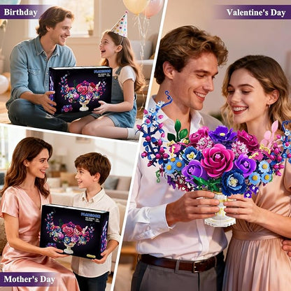 Moon Flower Bouquet Building Set with Lights, Valentines Day Flowers Botanicals Building Block Kit, 1365 PCS Bonsai Plant Collection Home Decor, Gift for Her Adults Women Boys Girls 12+