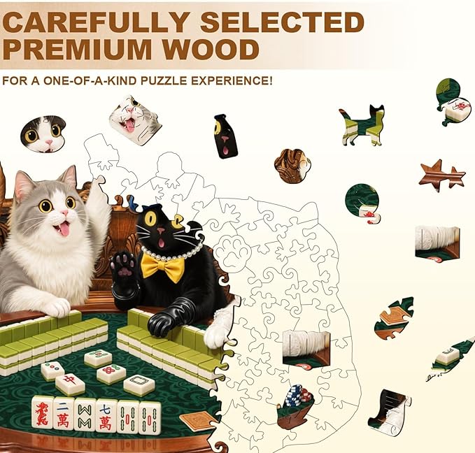Cats Mahjong Puzzles Adults Gifts Wooden 145 Pieces, Jigsaw Puzzles for Adults Unique Animal Shape Wood Puzzle Birthday for Puzzle Lovers, 11.4 * 8.8in