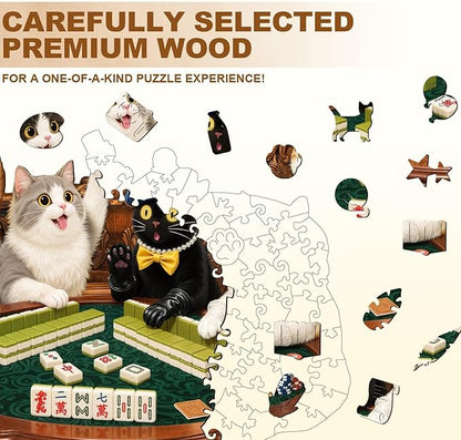 Cats Mahjong Puzzles Adults Gifts Wooden 145 Pieces, Jigsaw Puzzles for Adults Unique Animal Shape Wood Puzzle Birthday for Puzzle Lovers, 11.4 * 8.8in