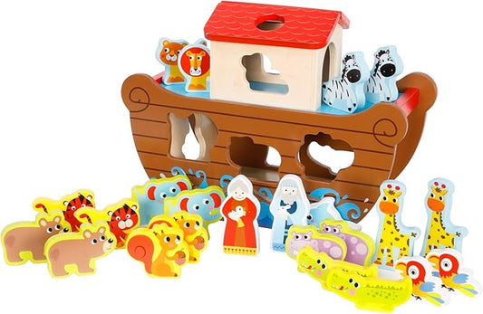 Fat Brain Toys Noah's Ark Sort & Play Set - Wooden Shape-Matching Preschool Toy