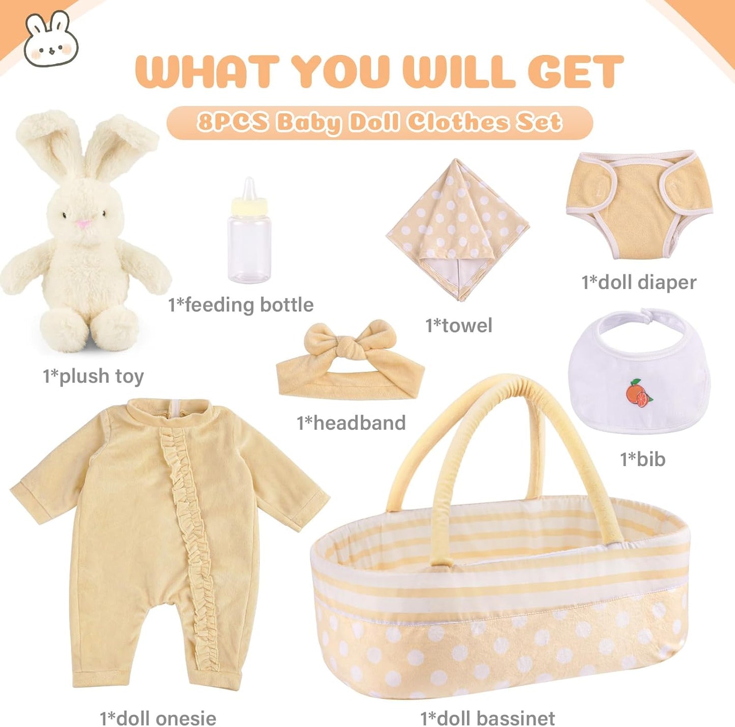 BABESIDE 8 PCS Reborn Baby Doll Clothes Set with Bassinet for 17-22 Inch Dolls Babys Doll Clothes Outfit Accessories fit Newborn Baby Doll Girl Boys, Yellow