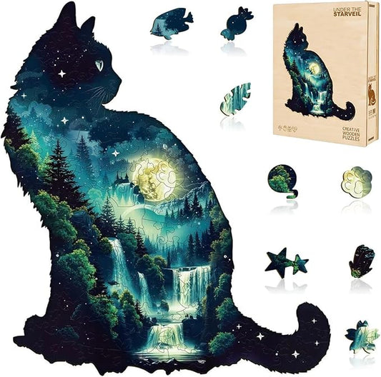 Under The Starveil Cat Puzzles Adults Wooden 120 Pieces, Jigsaw Puzzles for Adults Unique Animal Shape Wood Puzzle Birthday for Cat Lovers, 11.4 * 10.1in