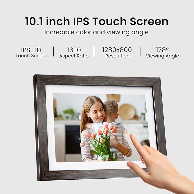 32GB Frameo Digital Picture Frame, 10.1 Inch WiFi Digital Photo Frame, 1280x800 IPS Touch Screen, Send Photos/Videos via Free App from Anywhere(Brown)