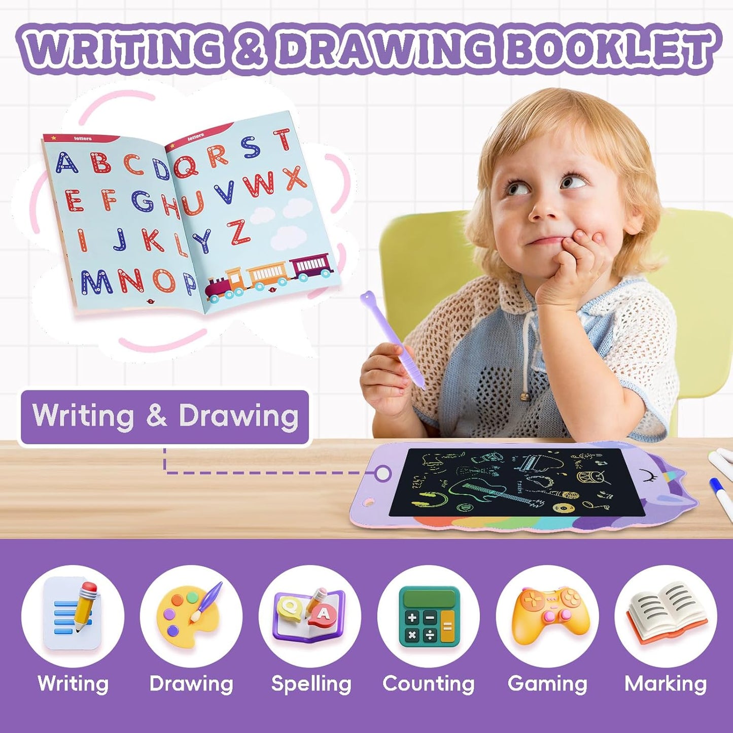 Unicorn Toys LCD Writing Tablet for Girls Kids,Colorful Toddler Drawing Tablet for Educational Baby Girl, Doodle Board Pad Toy for 3 4 5 6-12 Years Old Kid Birthday Party School, 8.5 Inch Purple