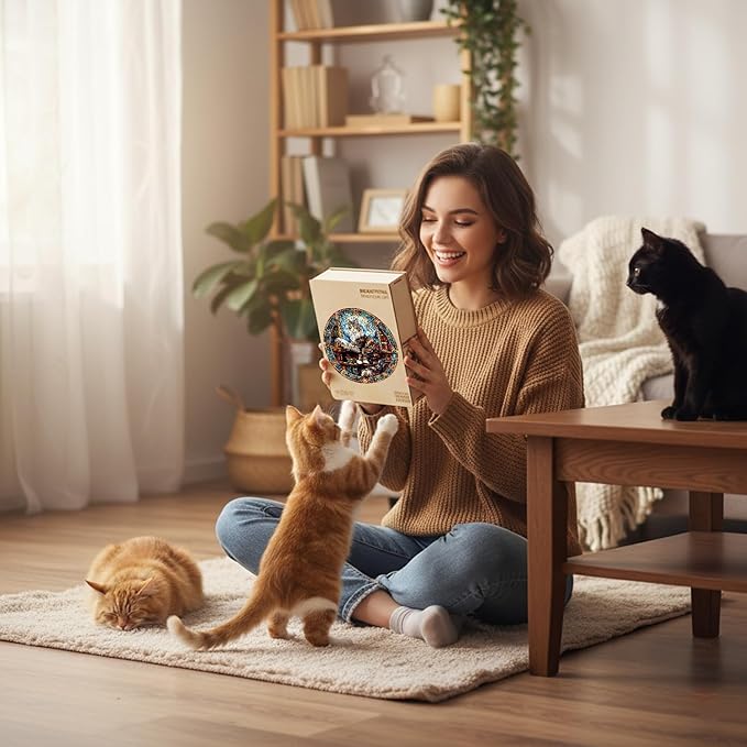 Wooden Puzzles Adults, Maine Cat Library Wooden Puzzles 100 Pieces, Unique Animal Shaped Wood Challenging Jigsaw Puzzles Gifts for Adults, 8.5x8.5in