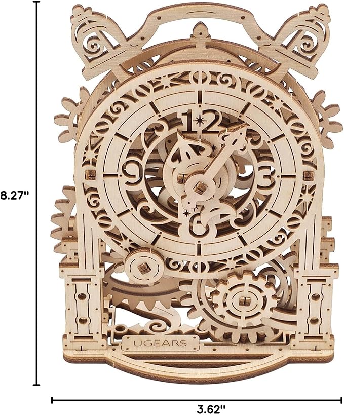 UGEARS Vintage Alarm Clock 3D Puzzle - Wooden Model Kit for Adults to Build - Mechanical Model Desk Clock Making Kit - 3D Jigsaw Puzzle Wood Toy Clock - DIY Brain Teaser Puzzle Construction Set