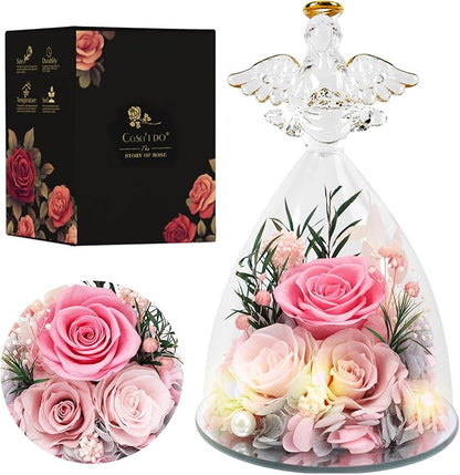 Valentines Rose Gifts for Women, 7" Pink Preserved Roses Flowers in Glass Angel Figurine, Birthday Gift for Mom Wife Grandma, Eternal Rose for Mothers Day Christmas Anniversary