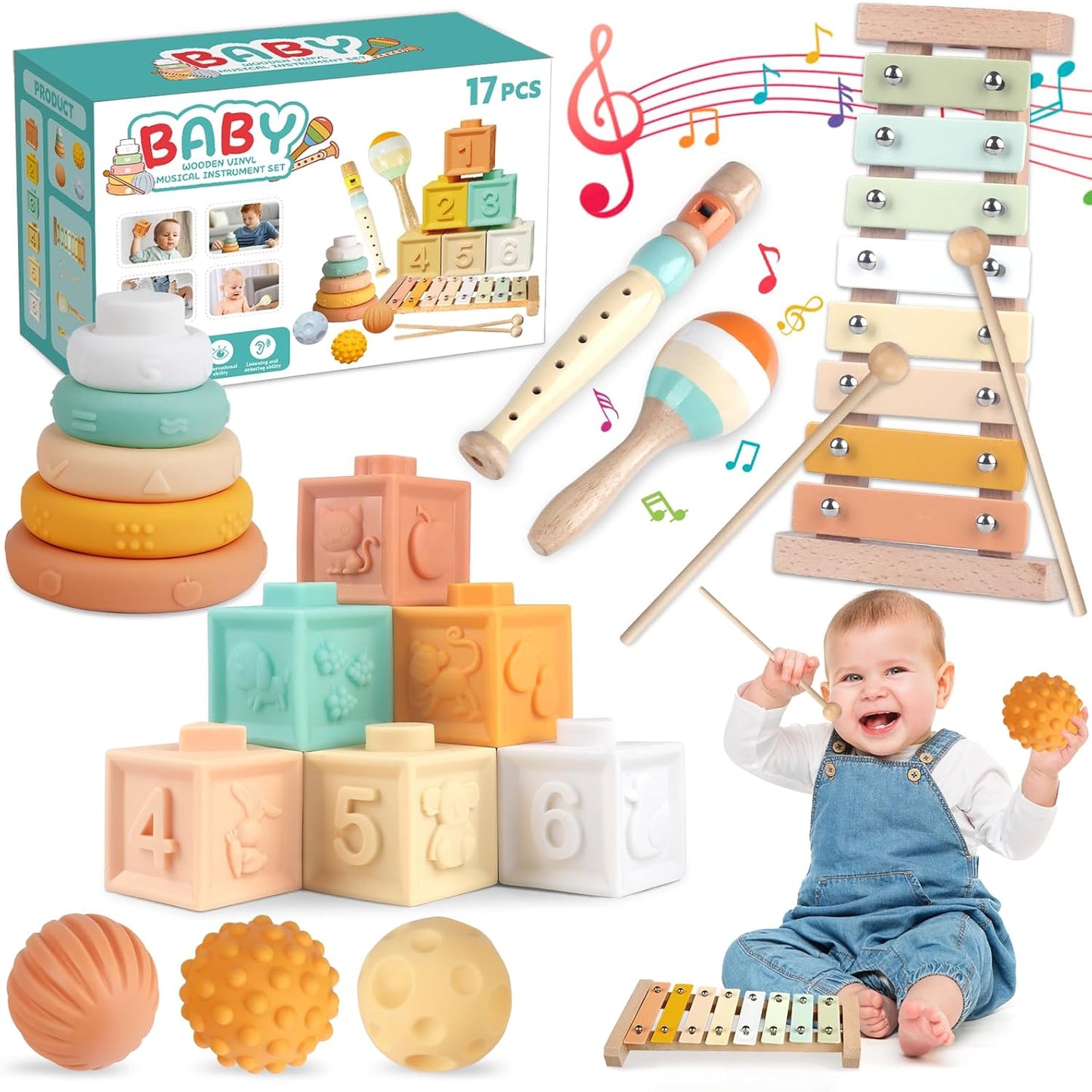 Montessori Toys for 6 Month Old 1+ Year Old 6 in 1 Musical Instruments for Toddler Stacking Blocks Development Learning Educational Toy with Wooden Xylophone for 6 7 8 9 Months Baby Birthday Gift