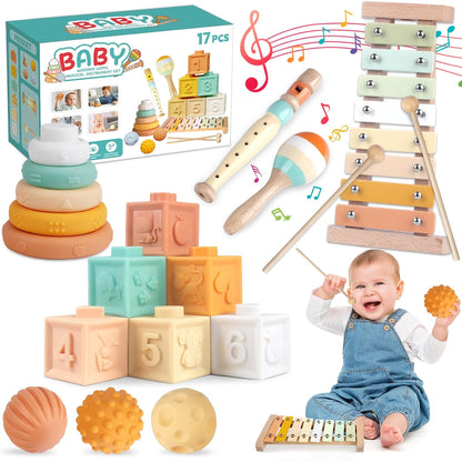 Montessori Toys for 6 Month Old 1+ Year Old 6 in 1 Musical Instruments for Toddler Stacking Blocks Development Learning Educational Toy with Wooden Xylophone for 6 7 8 9 Months Baby Birthday Gift