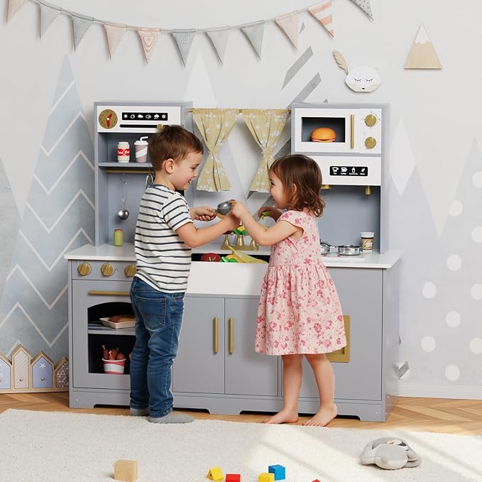 MAMIZO Kids Play Kitchen, Wooden Pretend Toy Kitchen, Large Toodler Cooking Playset, Stove and Water Dispenser w/Sound & Light, Sink, Microwave, Curtain, Modern Home Style for Ages 3+ (Gray)