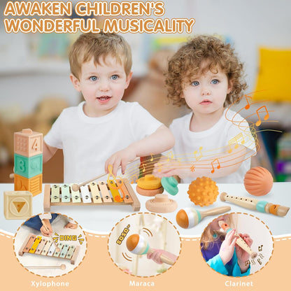 Montessori Toys for 6 Month Old 1+ Year Old 6 in 1 Musical Instruments for Toddler Stacking Blocks Development Learning Educational Toy with Wooden Xylophone for 6 7 8 9 Months Baby Birthday Gift
