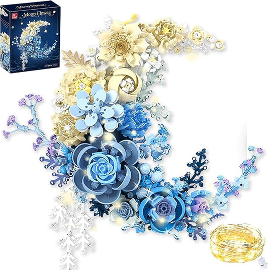 Moon Flower Building Toy Set (Glowing Version), DIY Roses for Home Decor & Display, Gifts & Craft for Valentines Day, Fun Arts and Crafts Idea for Girl,Teen, Female (934Pcs)