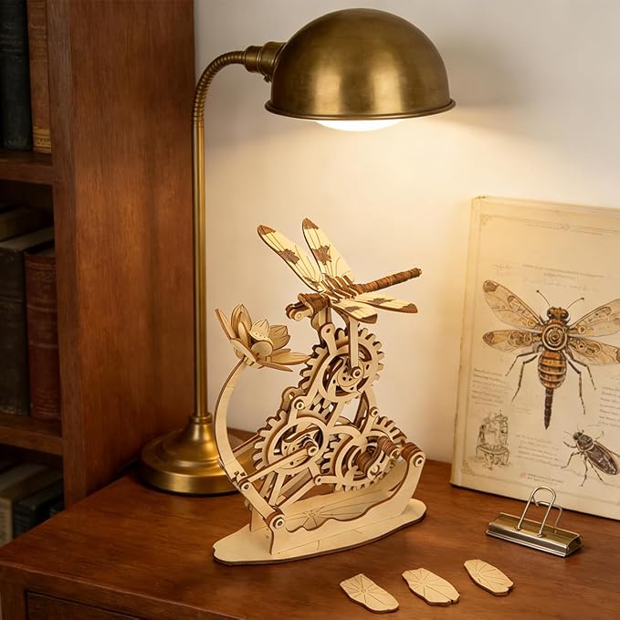 Aida & Hani Wooden Dragonfly Toys 3D Puzzle Toy Creative DIY Assembly Mechanical Wood with Mortise and Tenon Structure Jigsaw Toy Ornament