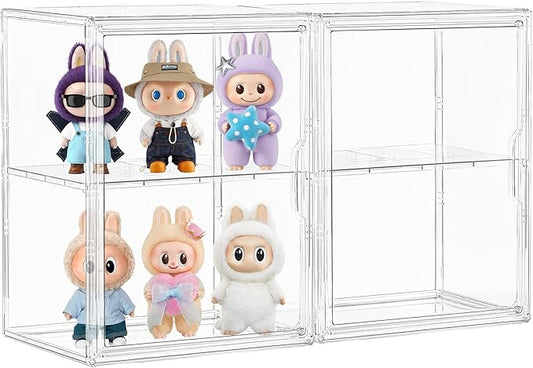 Acrylic Display Case Compatible with Labubu POP MART, 2 Pack Figure Clear Display Case, 3 Adjustable Layers with a Removable Divider Display Cases for Collectibles with Magnetic Door,Large