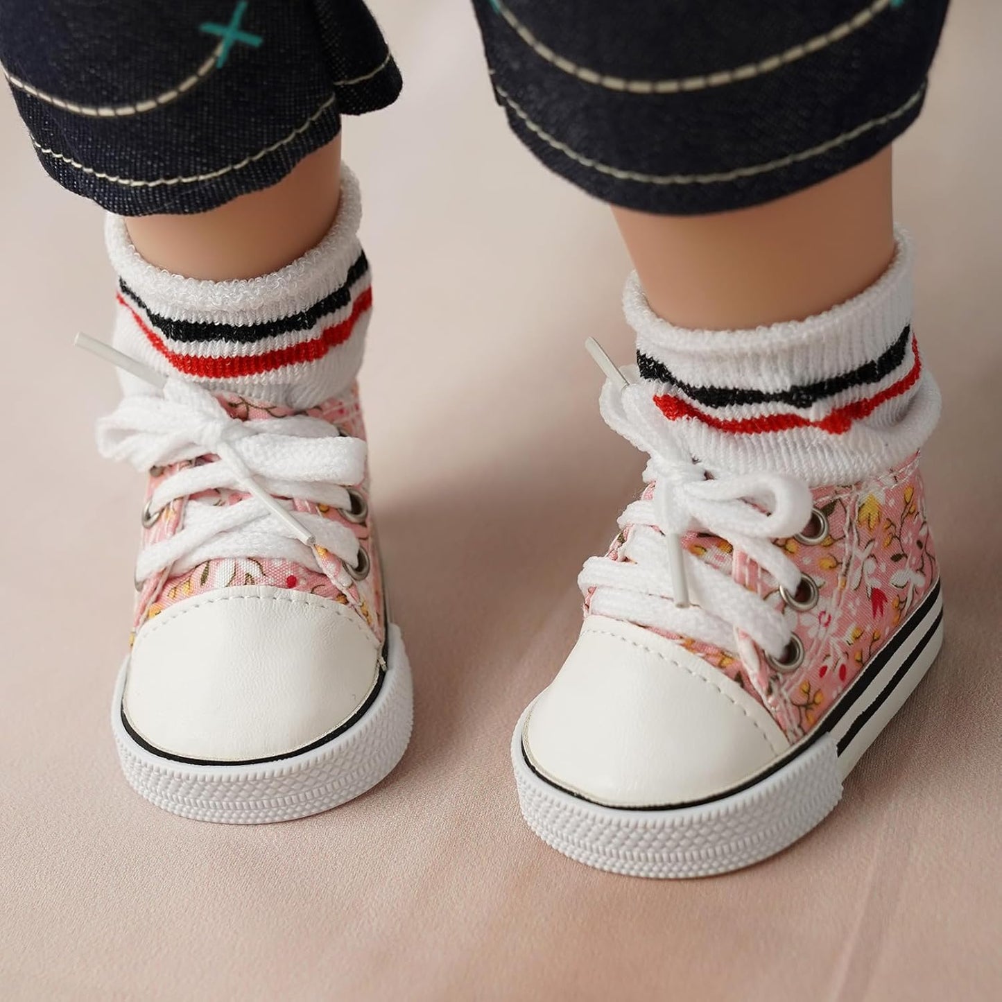 BABESIDE 18 Inch Baby Doll Shoes Sets with Socks for Dolls, 5 Pairs of Dolls Canvas Shoes with 3 Pair of Socks for 18 Inch Baby Doll Accessories, Floral Patterns