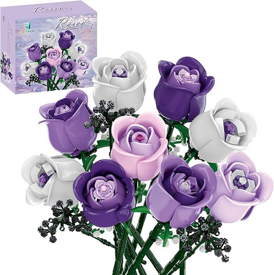 Roses Flowers Bouquet Building Set Compatible with Lego for Adults,Pink Purple Roses Gift for Her or Him for Anniversary,Valentine's Day,Botanical Collection,Artificial Flowers Home Decor