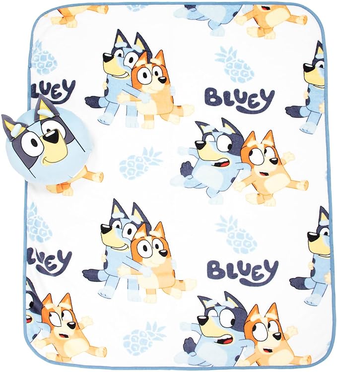 Jay Franco Bluey & Bingo Nogginz Set - 40 x 50 Inch Lightweight Travel Throw Blanket & Pillow - Kids Super Soft 2 Piece Bedding Set