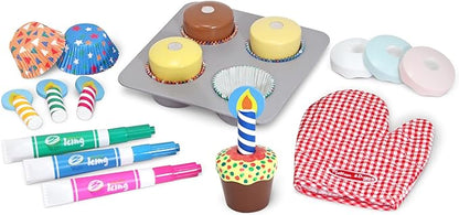 Melissa & Doug Bake & Decorate Wooden Cupcake Kit, with Play Food, Toppings & Play Kitchen Accessories, Preschool Learning Toys for Girls & Boys 3+