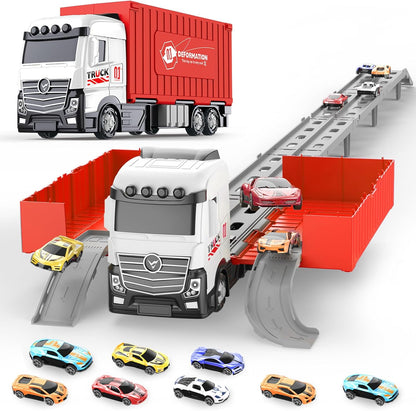 Transformable Truck & 3 Layer Race Track Playset, 62 inch Spring-Powered Track Toddlers Toys with 8 Cars & Parking Garage, Toy Trucks for Kids Ages 3-6, Birthday & Xmas Gifts for Boys Girls