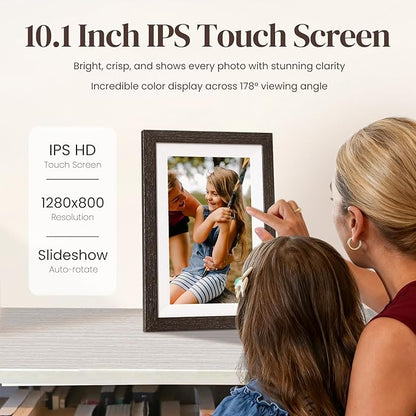 10.1'' Frameo Digital Picture Frame, 32GB WiFi Digital Photo Frame, 1280x800 IPS Touch Screen, Auto-Rotate, Slideshow, Send Photos/Videos via Free App(Black Wood Frame)