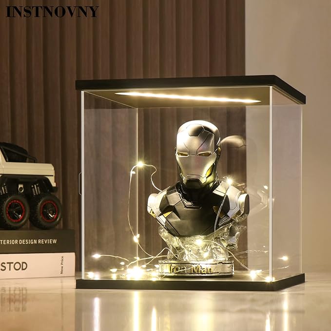 Acrylic Display Case for Collectibles Clear Acrylic Boxes for Display Action Figures Dolls Lighted Baseball Trophy Display Case Home Storage Box(Black-Solid Yellow; 7.9*7.9*7.9 inch)