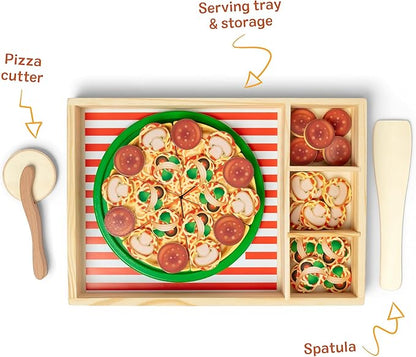 Melissa & Doug Wooden Pizza Party Play Set, 36 Self-Stick Toppings, Pizza Toy Kitchen Set & Play Kitchen Accessories, Preschool Toys for Boys & Girls 3+