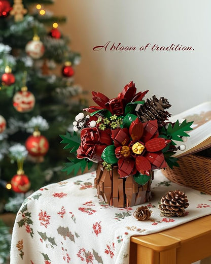 Nifeliz Poinsettia Flowers Building Set, Artificial Poinsettia Floral Arrangement for Adults, Tabletop Flower Decor for Home or Desk Display (767 PCS, NF10347)