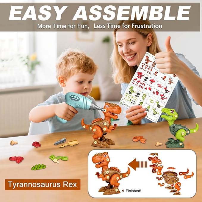 Laradola Dinosaur Toys for 4 5 6 7 8 Year Old Boys, Take Apart Dinosaur Toys for Kids 3-5 5-7 STEM Construction Building Kids Toy with Electric Drill, Party Birthday Gifts