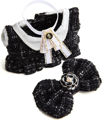 17cm Doll Clothes for labubu - Luxury Chic Style Set for 17cm Dolls, Premium Doll Outfit with Accessories - Black Plaid Tweed Dress + White Necktie + Plaid Bow (Clothes Only)