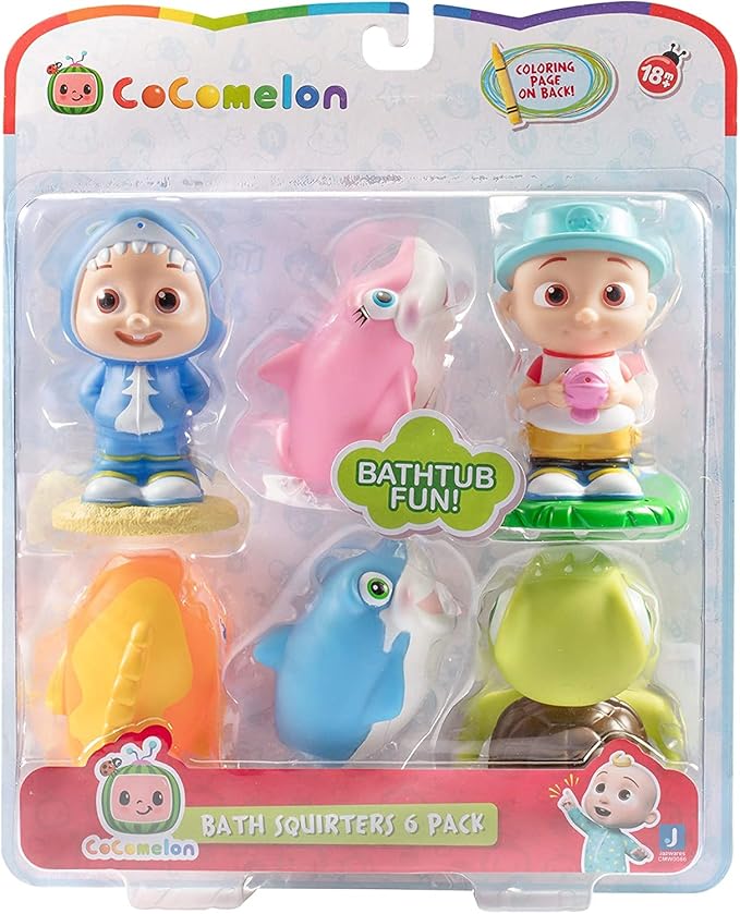 CoComelon Water Squirter Toys for Pool & Bath 6-Pack - Officially Licensed - JJ, Baby Shark, Turtle, Fish Figure Set - Holiday Christmas Stocking Stuffer Gift for Toddlers, Preschoolers, Kids 18mo+