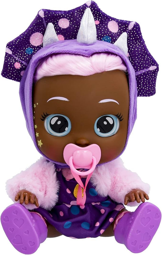 Cry Babies Dressy Fantasy Phoebe - 12" Baby Doll |Polka Dot Purple Dress with Pink Fuzzy Jacket and Dino Themed Hoodie, for Girls and Boys Ages 18M and Up