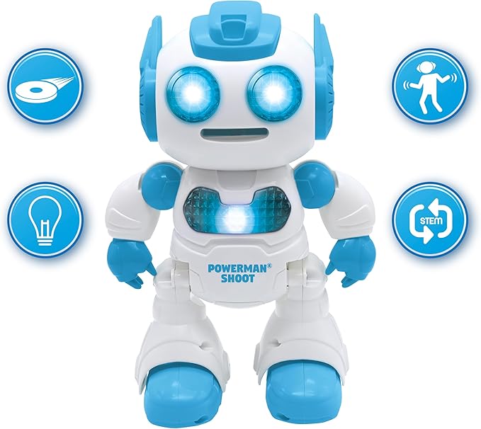 LEXiBOOK, Powerman Shoot - My First Throwing-disc Robot, Programmable Remote Control Robot, Plays Music and Dances, Sound and Light Effects, 12 Foam Discs, ROB17