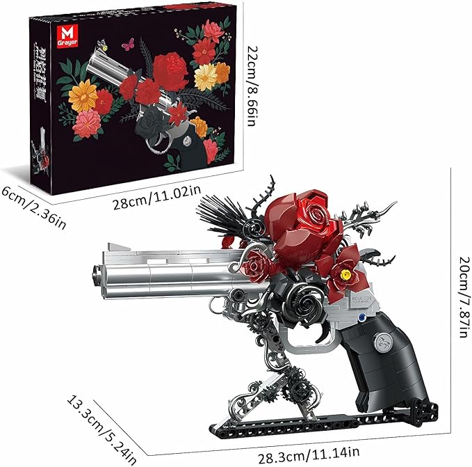 Gothic Rose Mechanical Display Building Blocks Set, Black & Silver Floral Art Sculpture Model Kit, Dark Goth Romance Desk Shelf Decor, Gift for Valentine’s Day