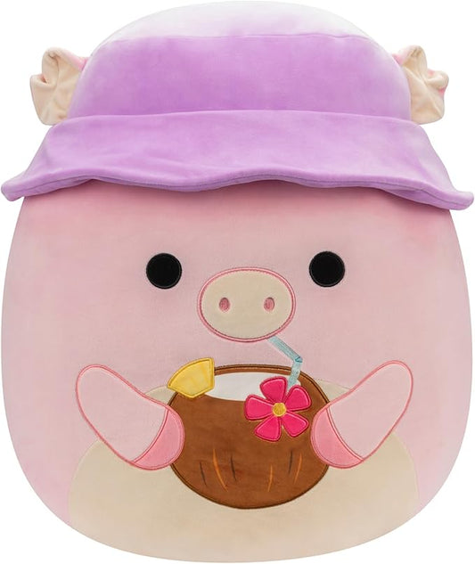 Squishmallows Original 20-Inch Peter Pig with Purple Bucket Hat and Coconut Drink - Official Jazwares Jumbo Plush