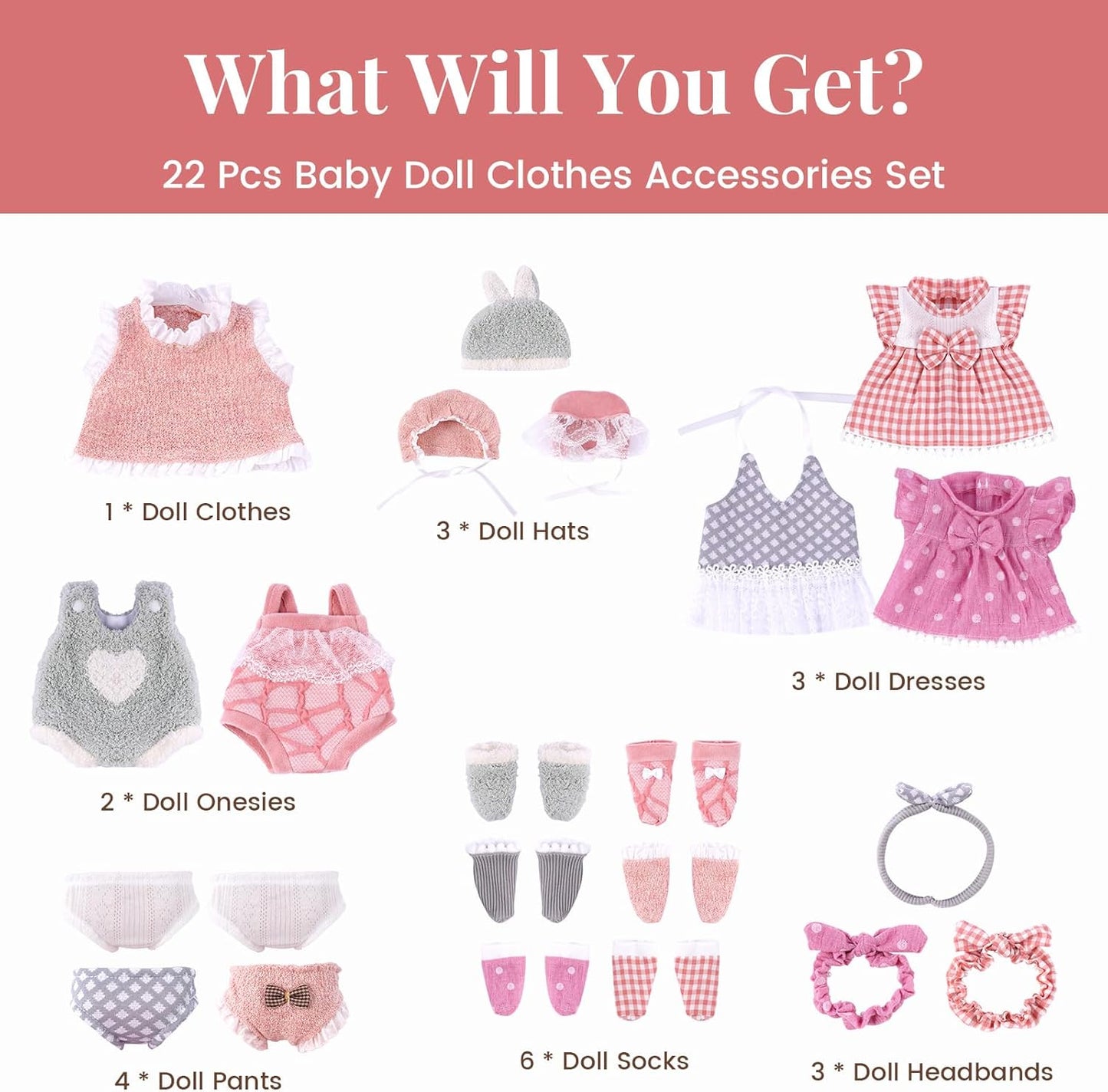 BABESIDE 6 Sets of Baby Doll Clothes for 8-10-12 Inch Dolls, Bitty Babydolls Clothes and Accessories Set with Socks Underwear for Realistic Baby Dolls Girl