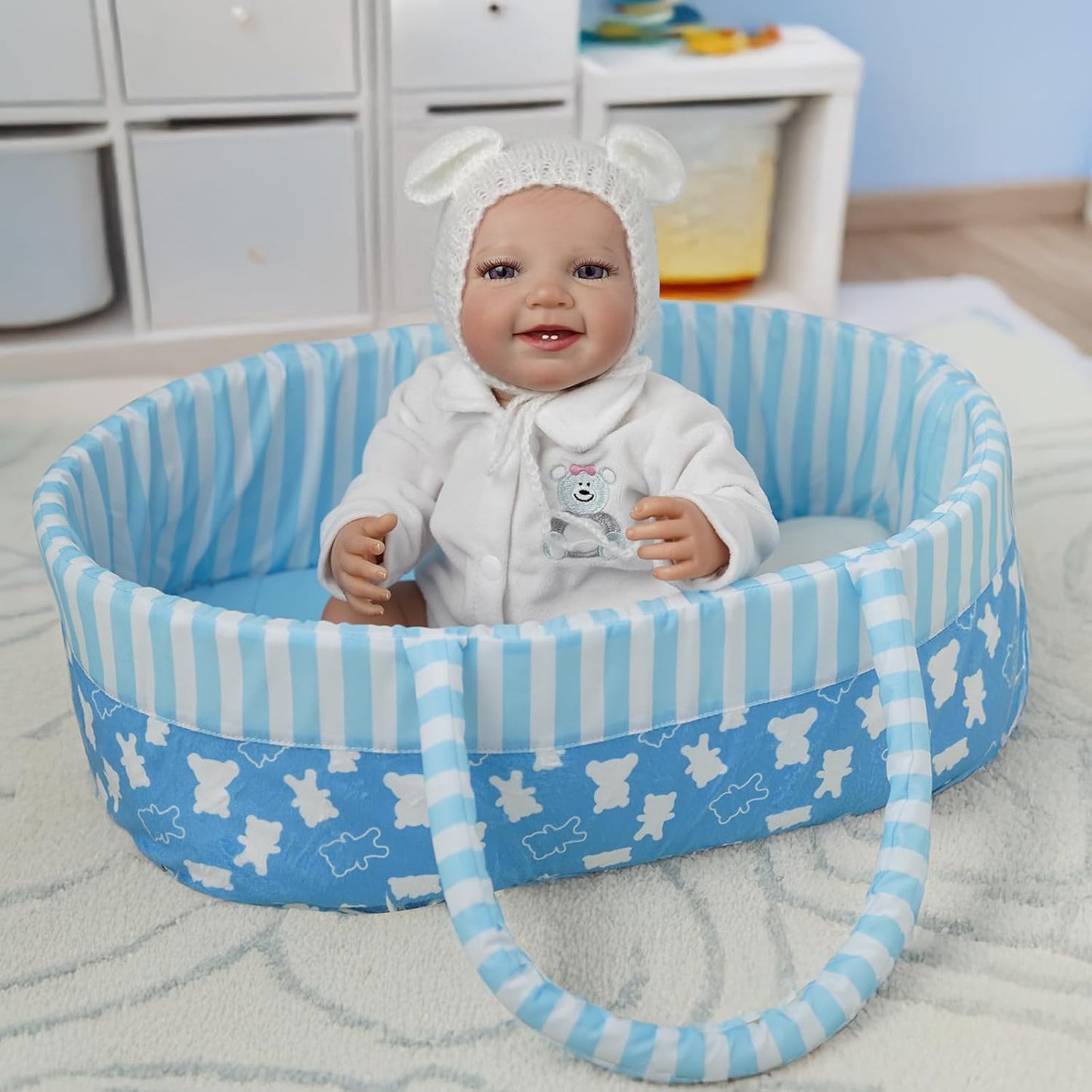 BABESIDE Reborn Baby Doll Bassinet for 17-22 Inch Dolls, Cute Bear Patterns Baby Doll Accessories Soft Foldable Babydoll Crib Bed with Handle for Newborn Dolls Boys, Blue