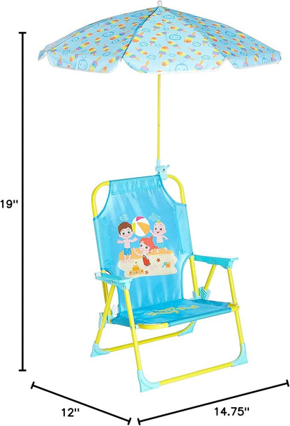 Idea Nuova CoComelon Kids Folding Beach Chair with Umbrella – Outdoor Portable Chair for Ages 3+, Lightweight with Safety Lock, Perfect for Beach, Park, or Backyard