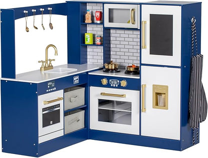 Corner Play Kitchen for Kids, Wooden Toddler Kitchen Playset w/Faucet, Sink, Microwave, Oven, Apron, Blackboard, Cabinets, Pretend Cooking Toys w/Sound & Light Gift for Ages 3+ (Blue)