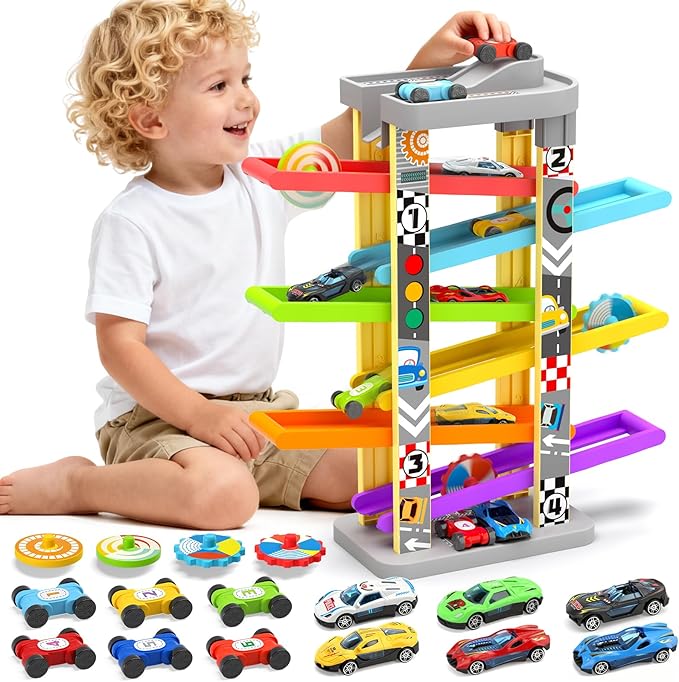 aotipol Montessori Toys for 2 3 Year Old Boy Girl, Car Ramp Toy Includes 12 Cars & 4 Spinning Tops, Race Car Track Toddler Toys for Age 2-4, Baby Boy Girl Kid Birthday Gift for 18+ Month, Hollow Track